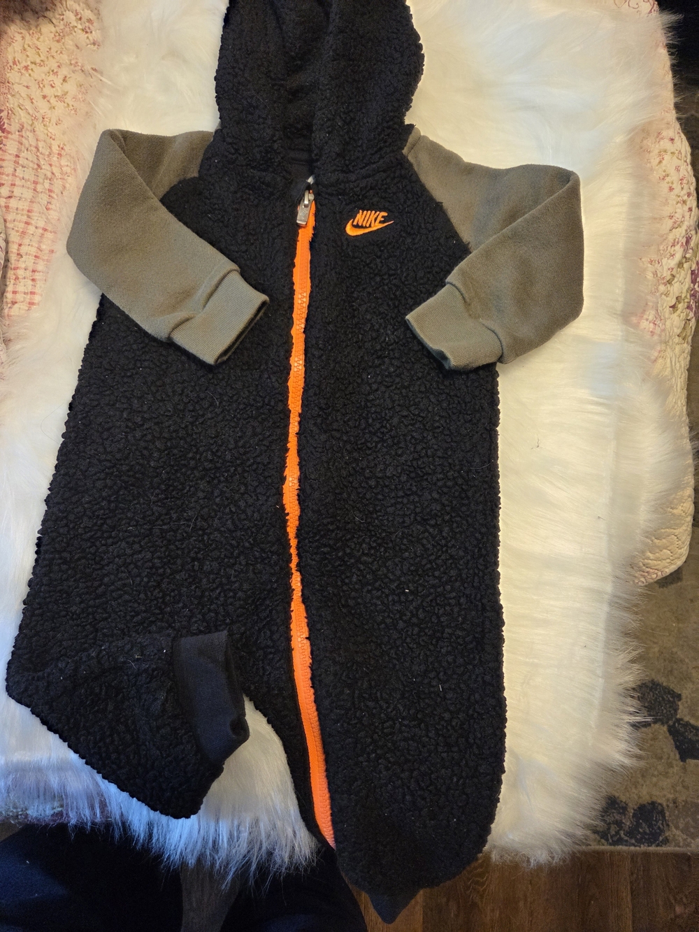 Nike Black Sherpa Hooded Baby Footie with Olive Sleeves and Bright Orange Trim